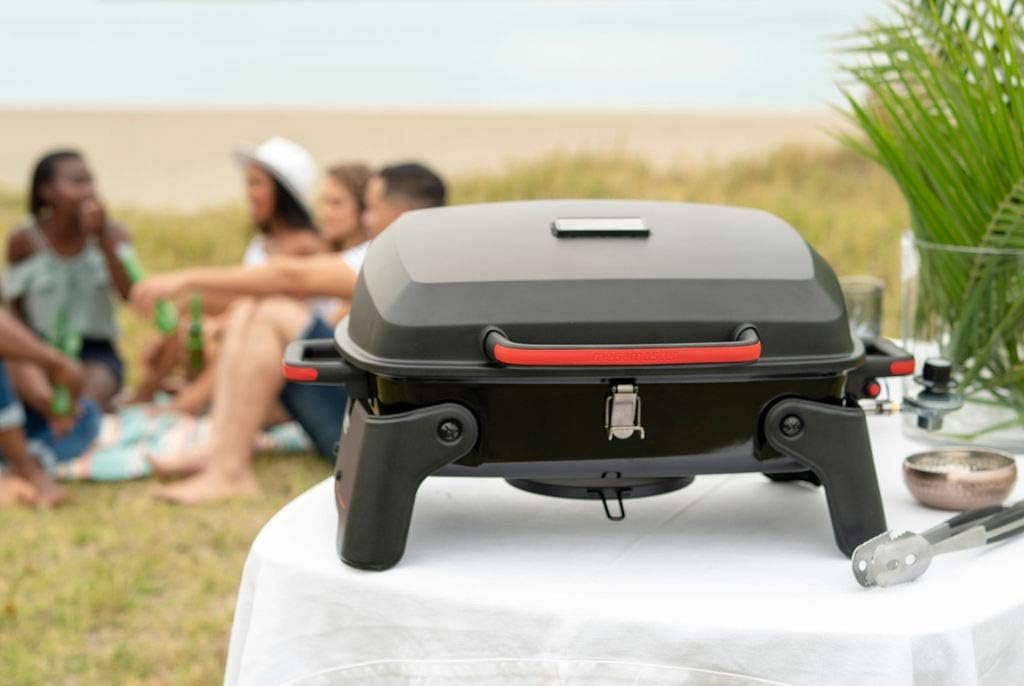 820-0065C 1 Burner Portable Gas Grill for Camping, Outdoor Cooking , Outdoor Kitchen, Patio, Garden, Barbecue with Two Foldable legs, Red + Black