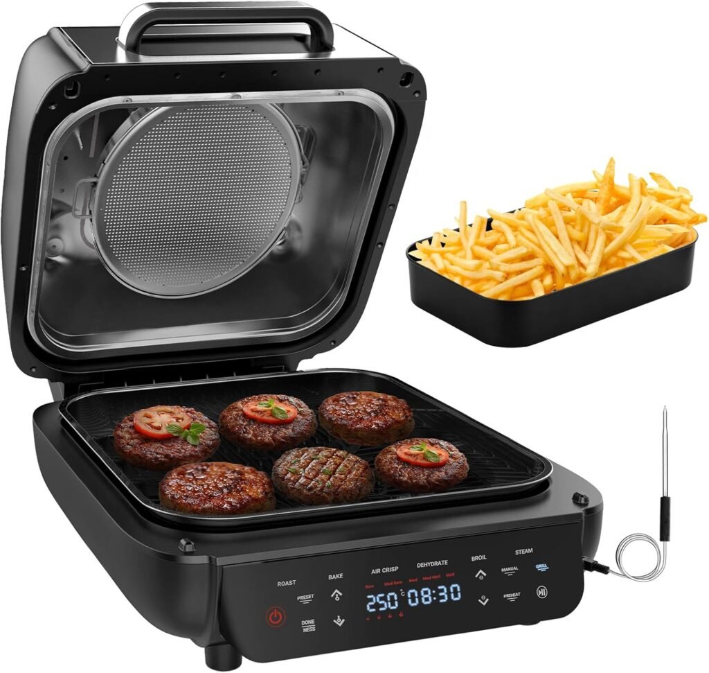 Air Fryer Indoor Grill Combo: 12-in-1 Smokeless Electric Air Grill with Bake, Roast, Broil, Steam, Dehydrate, 1800W Power Grill with Smart Thermometer, Non-stick Dishwasher-safe Plates, 6Qt