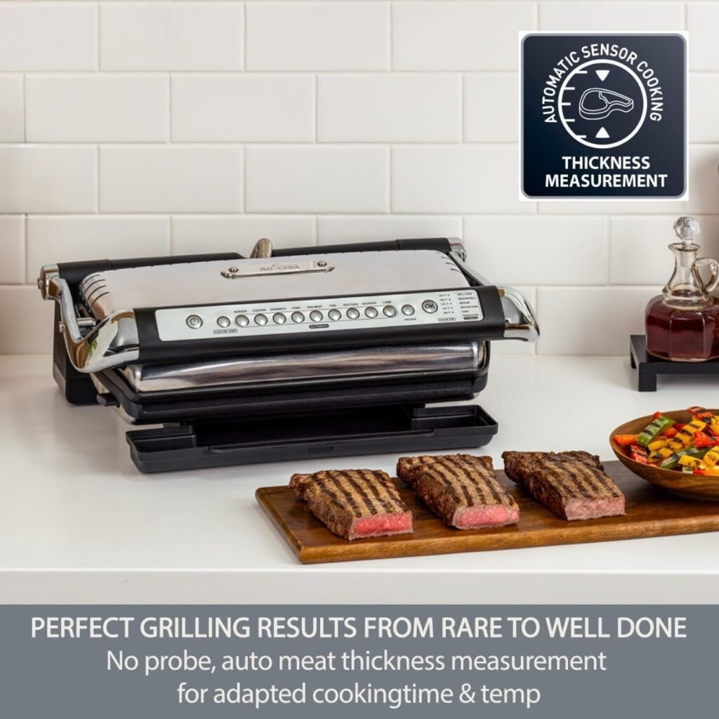 All-Clad AutoSense Stainless Steel Indoor Grill, Panini Press XL Automatic Cooking 1800 Watts Smokeless, Removable Plates, Dishwasher Safe