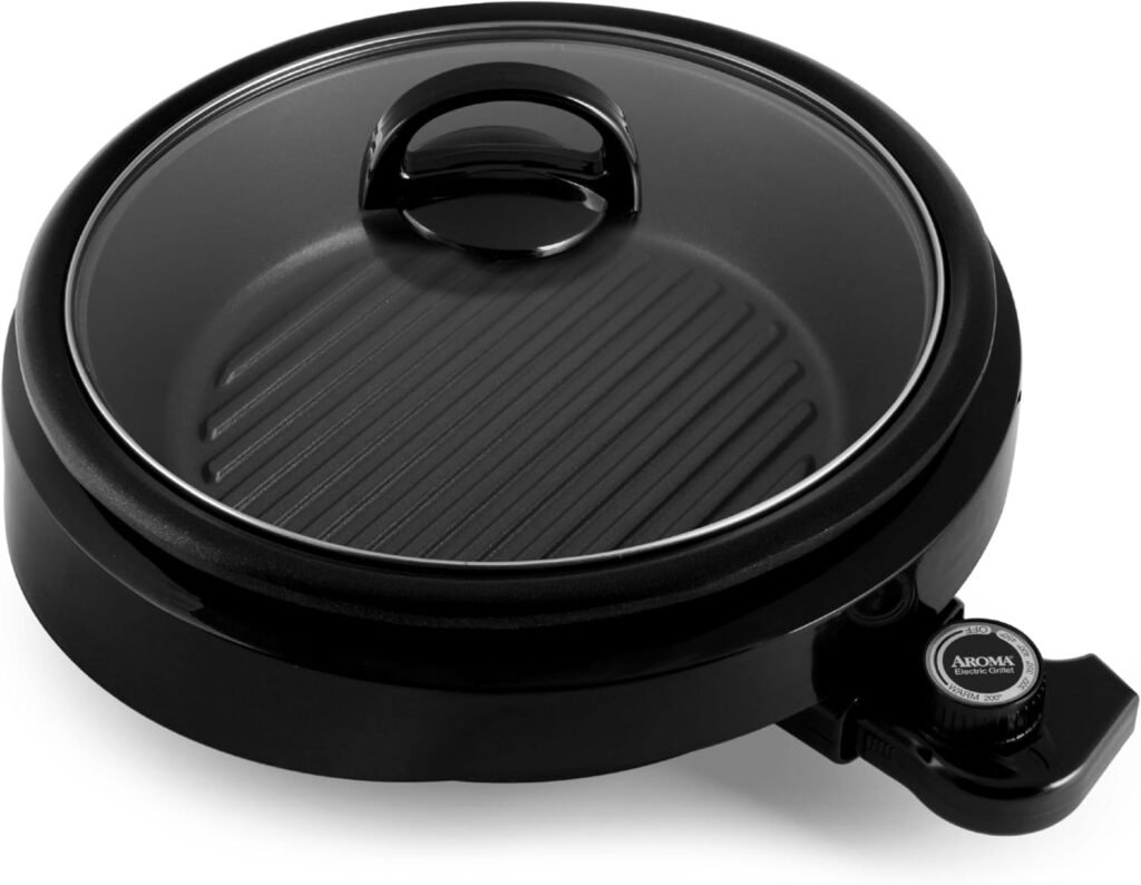 Aroma Housewares ASP-137B Grillet 3Qt. 3-in-1 Cool-Touch Electric Indoor Grill Portable, Dishwasher Safe, with 10 in. Nonstick Pan  Tempered Glass Lid, Black