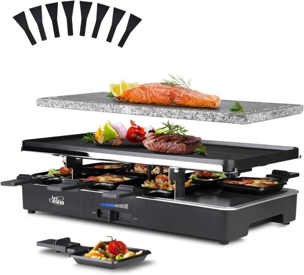 Artestia 1700W Raclette Table Grill with Steak Stone Cooking, 2-in-1 Korean BBQ Grill Electric Indoor Outdoor Cheese Raclette, Non-Stick Reversible Plate