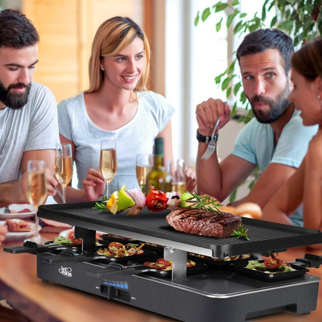 Artestia 1700W Raclette Table Grill with Steak Stone Cooking, 2-in-1 Korean BBQ Grill Electric Indoor Outdoor Cheese Raclette, Non-Stick Reversible Plate