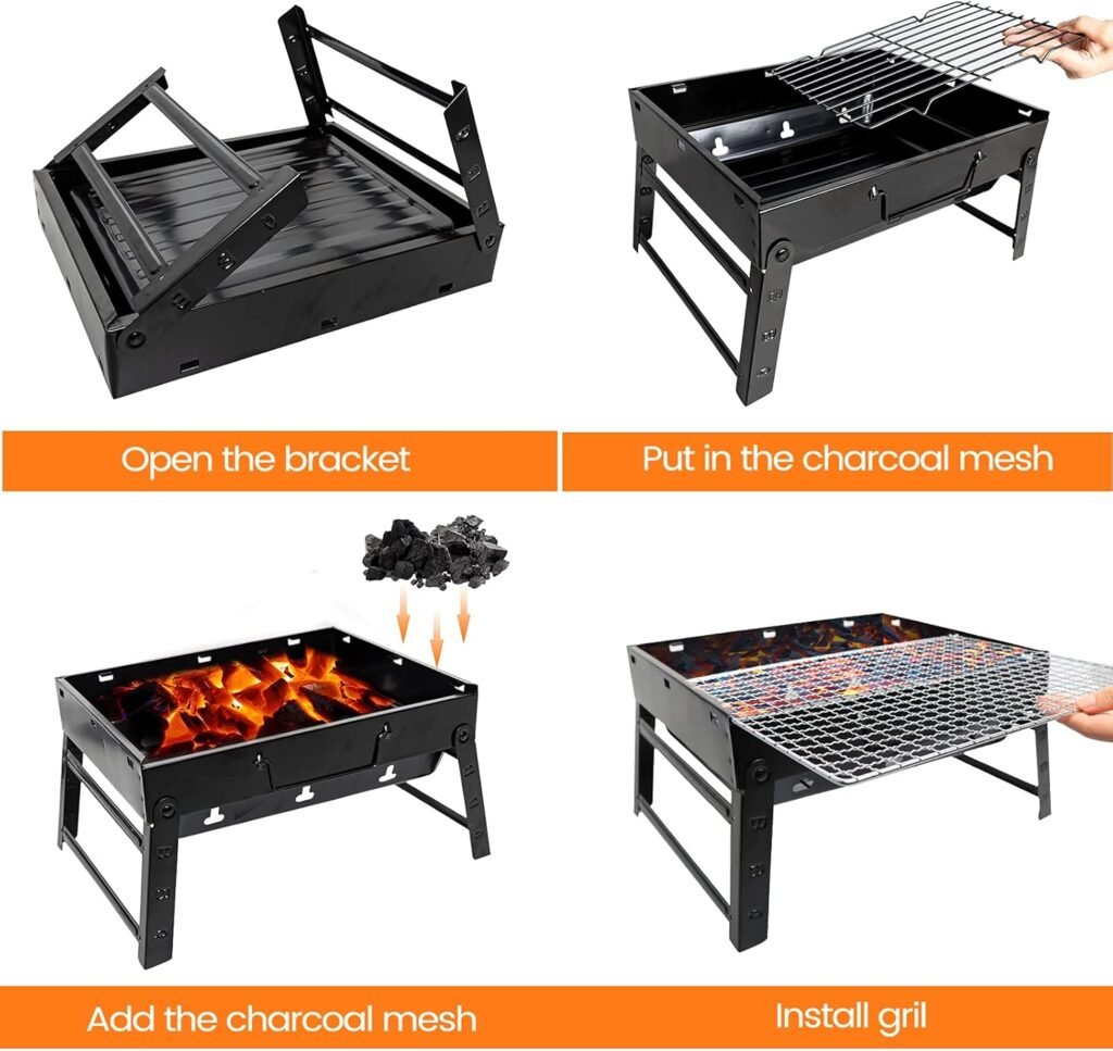 BBQ Barbecue Grill, Portable Foldable Charcoal Grill for Outdoor, Stainless Steel BBQ Tabletop Smoker for Picnic, Garden, Terrace, Camping, Travel, Hiking