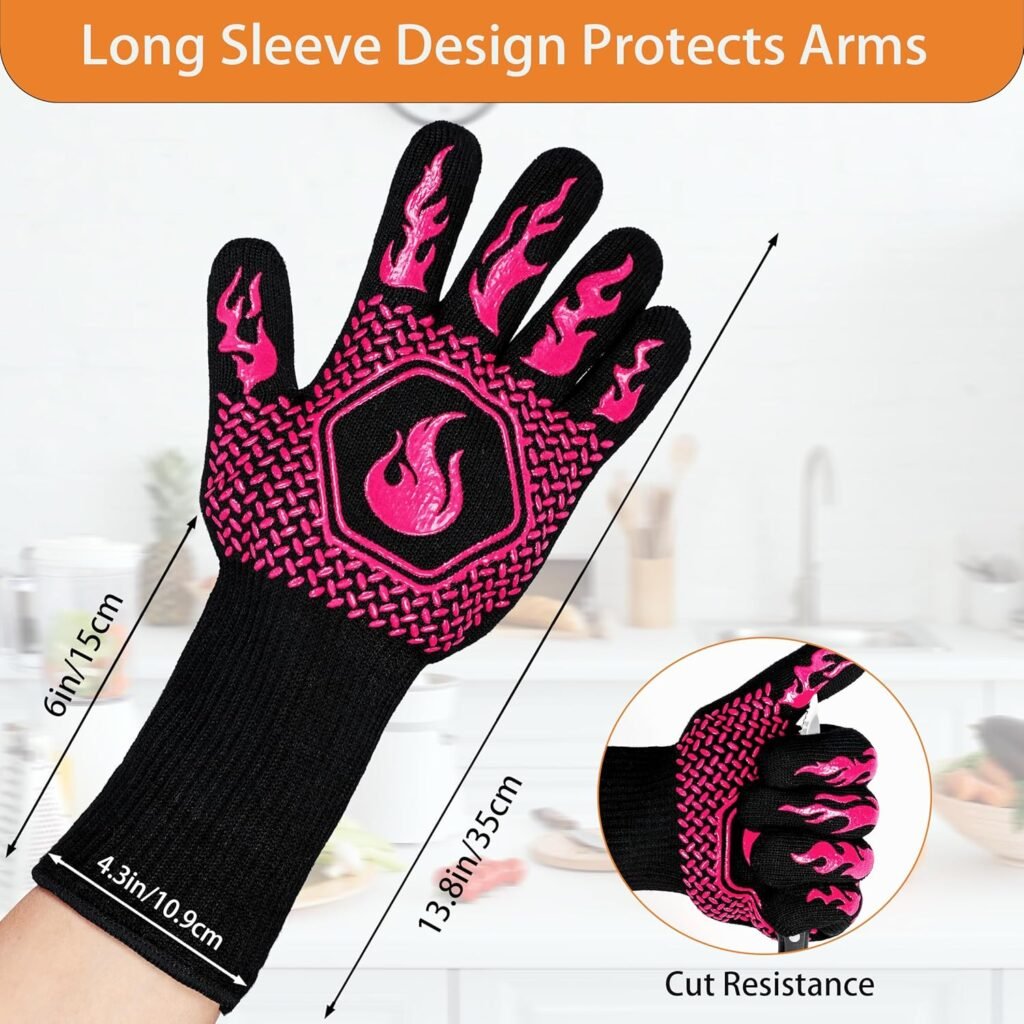 BBQ Fireproof Gloves, Grill Cut-Resistant Gloves 1472°F Heat Resistant Gloves, Non-Slip Silicone Oven Gloves, Kitchen Safe Cooking Gloves for Oven Mitts,Barbecue,Cooking, Frying,13.5 Inch-Red