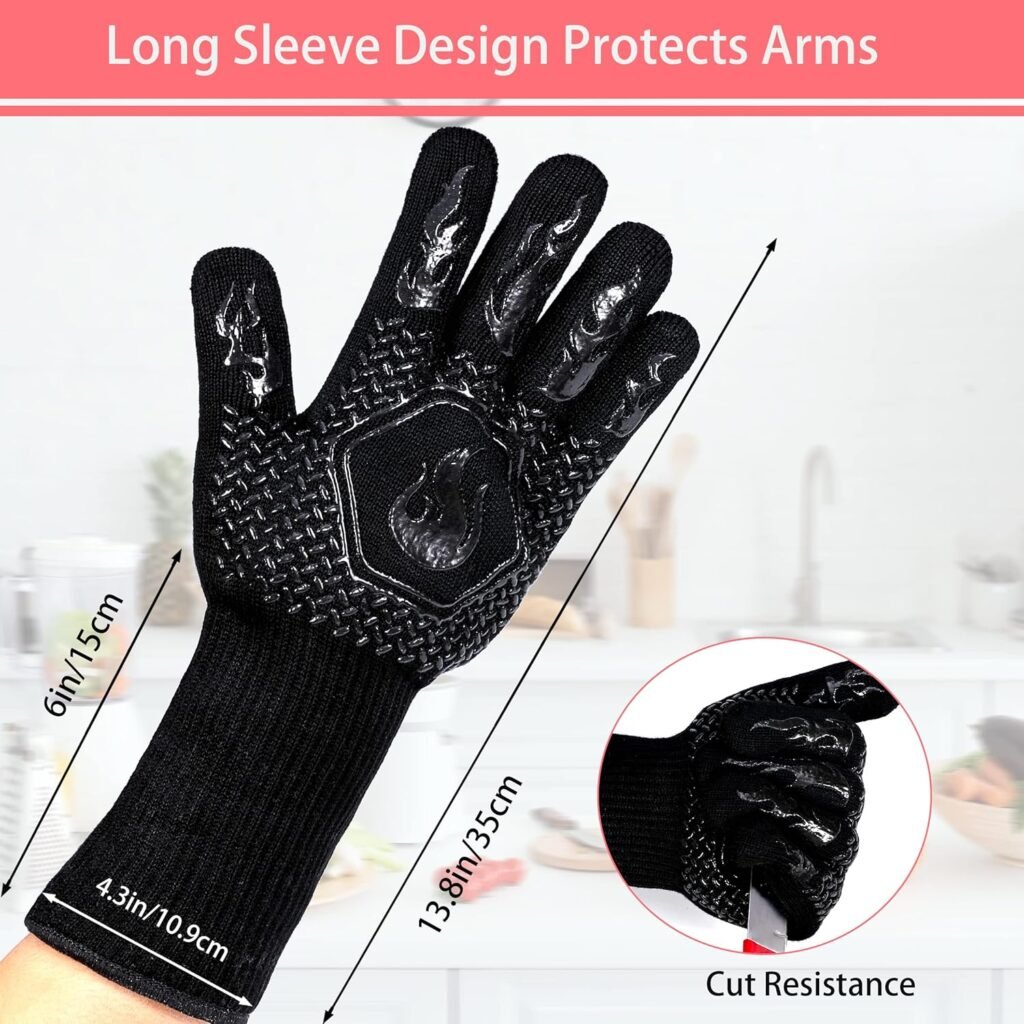 BBQ Fireproof Gloves, Grill Cut-Resistant Gloves 1472°F Heat Resistant Gloves, Non-Slip Silicone Oven Gloves, Kitchen Safe Cooking Gloves for Oven Mitts,Barbecue,Cooking, Frying,13.5 Inch-Red