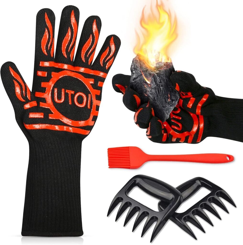 BBQ Grill Accessories Kit, 1472°F Heat Resistant BBQ Gloves Oven Mitts  Meat Shredder Claws  Silicone Sauce Basting Brush for Safe Grilling, Baking, Barbecue, Smoker  Outdoor Cooking