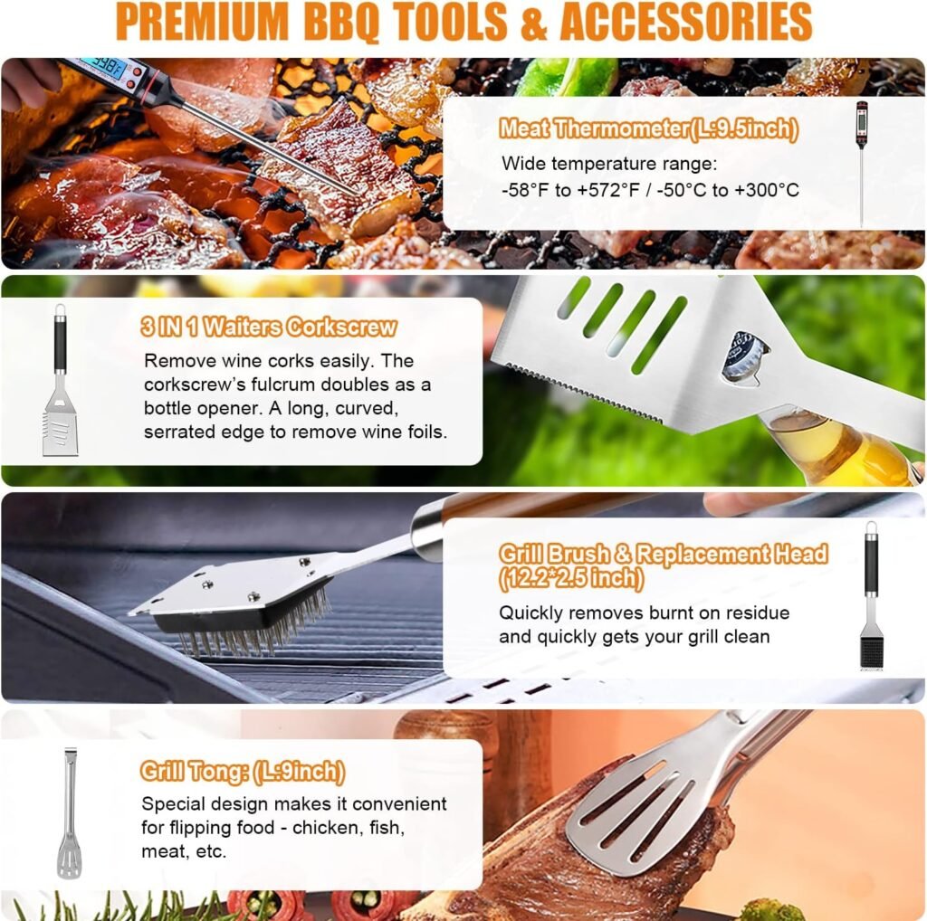 BBQ Grill Accessories Set, 38Pcs Stainless Steel Grill Tools Grilling Accessories with Aluminum Case, Thermometer, Grill Mats for Camping/Backyard Barbecue, Grill Set for Men Women