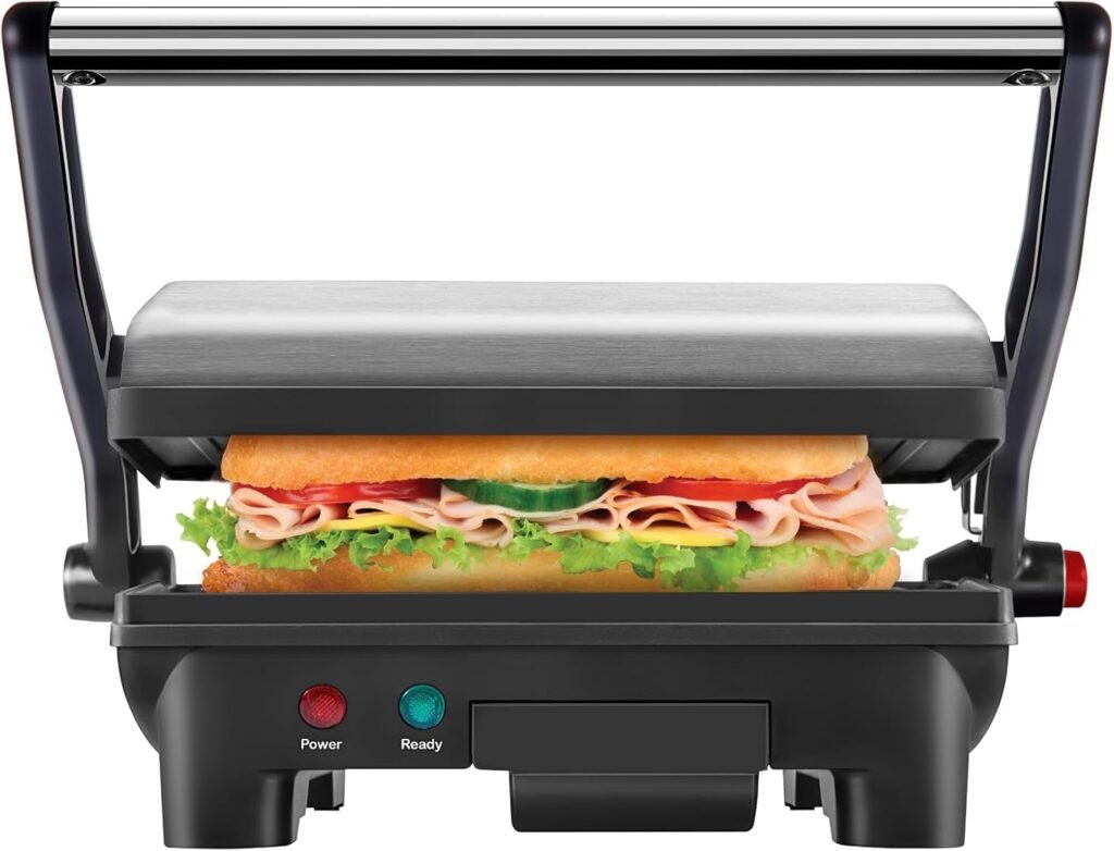 Chefman Panini Press Grill and Gourmet Sandwich Maker Non-Stick Coated Plates, Opens 180 Degrees to Fit Any Type or Size of Food, Stainless Steel Surface and Removable Drip Tray, 4 Slice, Black