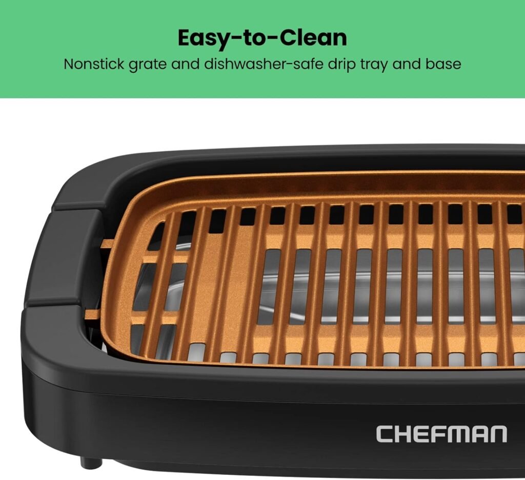 Chefman Smokeless Indoor Electric Grill, Copper, Extra Large, Nonstick Table Top Grill for Indoor Grilling and BBQ with Adjustable Temperature Control, Nonstick Dishwasher-Safe Parts, 9 x 15