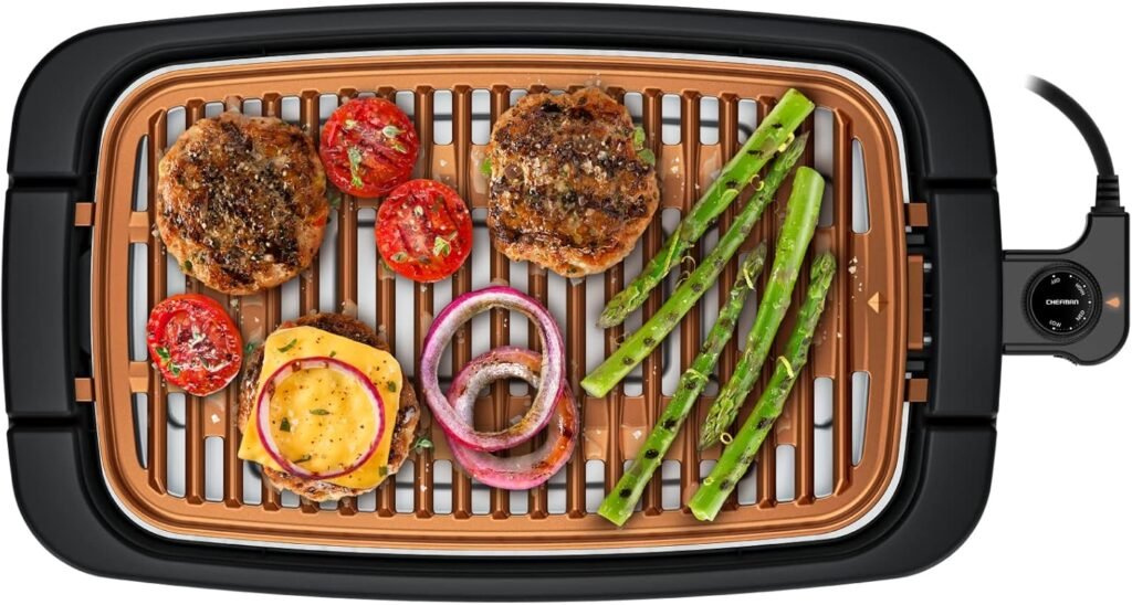 Chefman Smokeless Indoor Electric Grill, Copper, Extra Large, Nonstick Table Top Grill for Indoor Grilling and BBQ with Adjustable Temperature Control, Nonstick Dishwasher-Safe Parts, 9 x 15