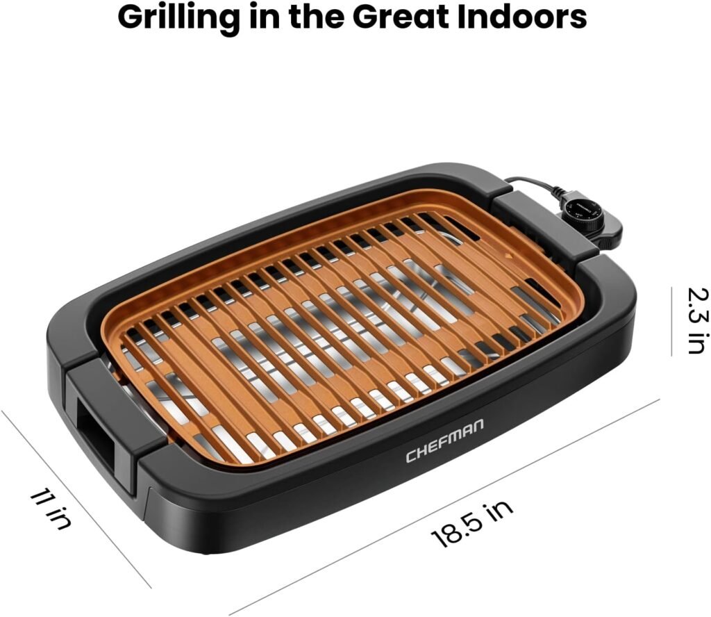 Chefman Smokeless Indoor Electric Grill, Copper, Extra Large, Nonstick Table Top Grill for Indoor Grilling and BBQ with Adjustable Temperature Control, Nonstick Dishwasher-Safe Parts, 9 x 15