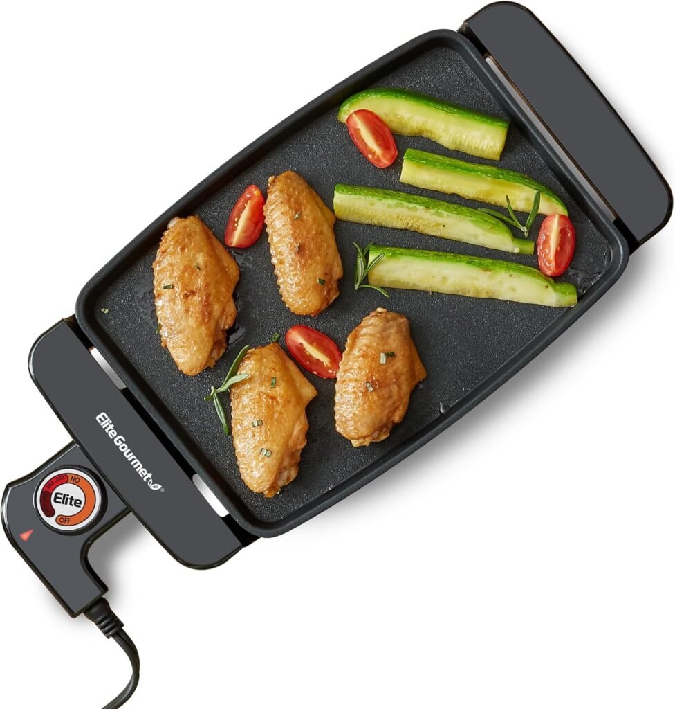 Elite Gourmet EGR8152 Electric 10 x 7 Personal Compact Griddle, Cool-touch Handles Non-Stick Surface, Removable/Adjustable Thermostat, Black