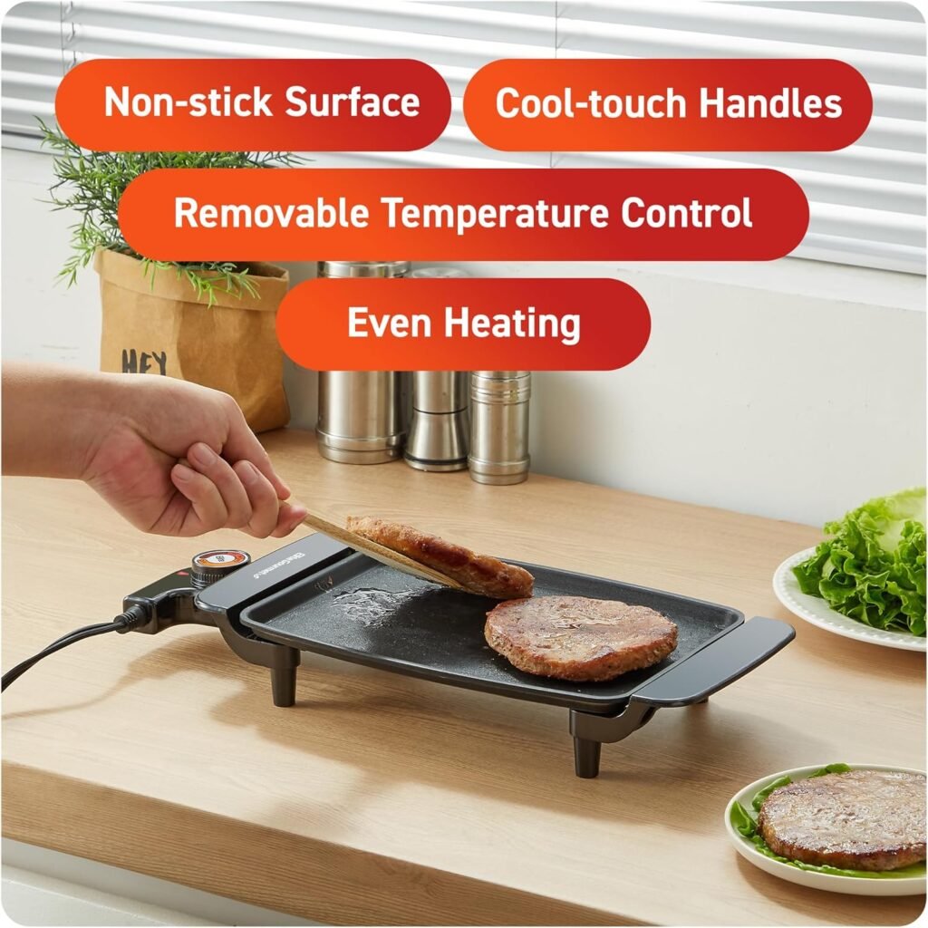 Elite Gourmet EGR8152 Electric 10 x 7 Personal Compact Griddle, Cool-touch Handles Non-Stick Surface, Removable/Adjustable Thermostat, Black