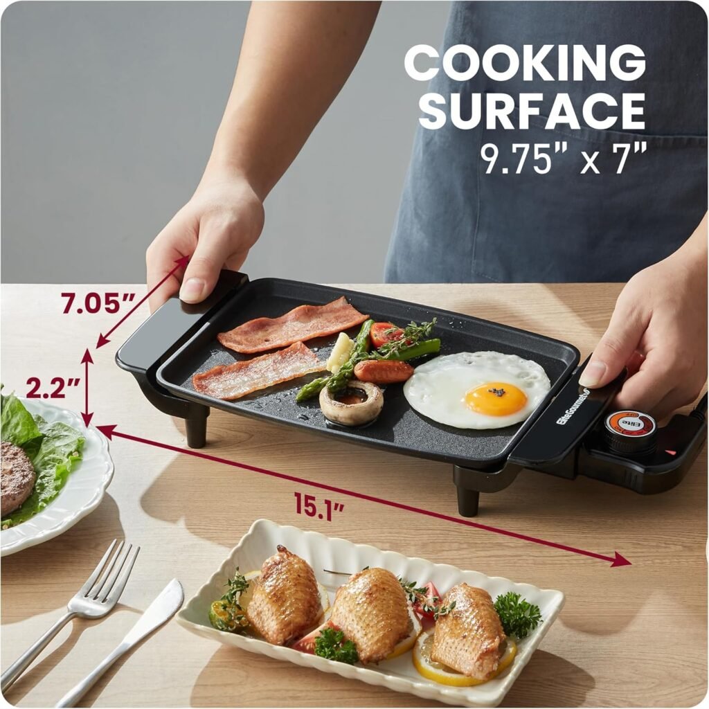 Elite Gourmet EGR8152 Electric 10 x 7 Personal Compact Griddle, Cool-touch Handles Non-Stick Surface, Removable/Adjustable Thermostat, Black