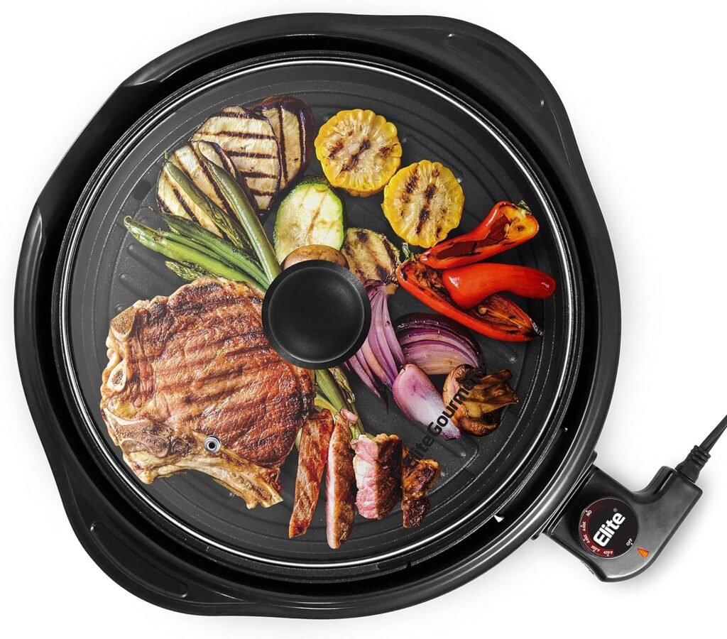 Elite Gourmet EMG1100 Electric Indoor Nonstick Grill, Dishwasher Safe, Cool Touch, Fast Heat Up Ideal Low-Fat Meals, Includes Tempered Glass Lid, 11, Black