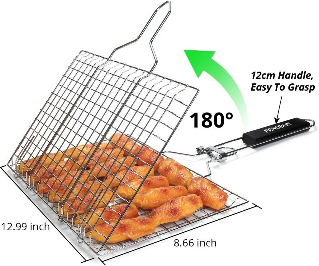 Fish Grilling Basket, Folding Portable Stainless Steel BBQ Grill Basket for Fish Vegetables Shrimp with Removable Handle, Come with Basting Brush and Storage Bag (01)