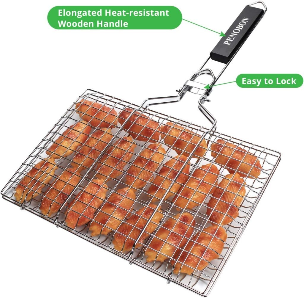 Fish Grilling Basket, Folding Portable Stainless Steel BBQ Grill Basket for Fish Vegetables Shrimp with Removable Handle, Come with Basting Brush and Storage Bag (01)