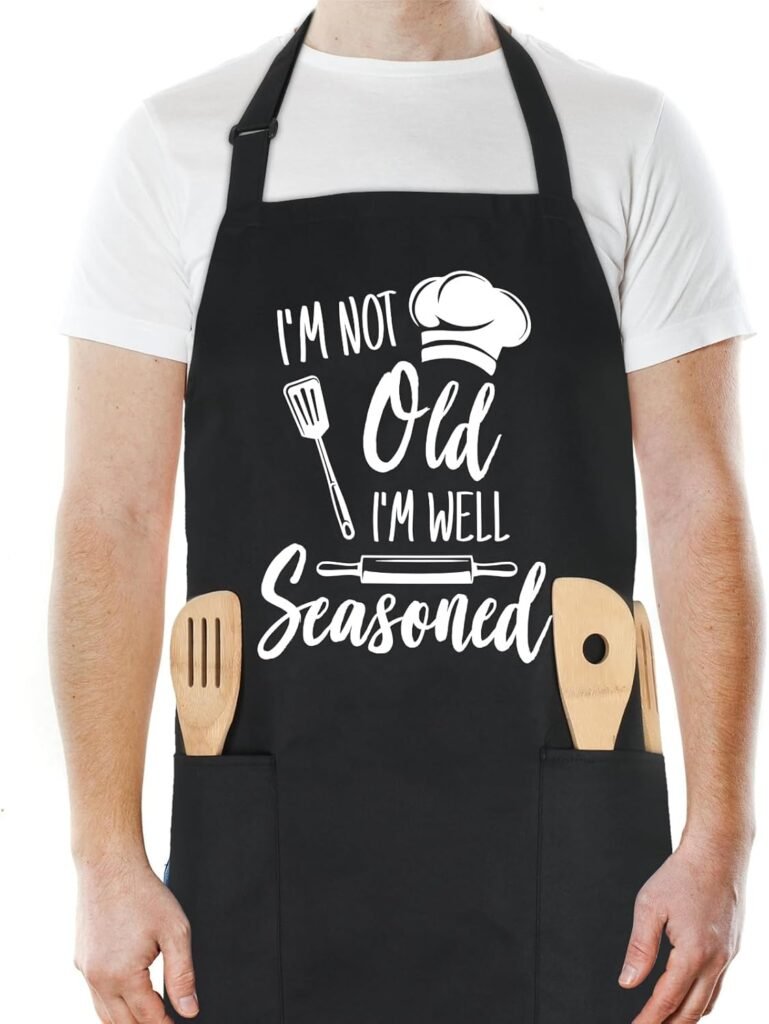 Funny Cooking Aprons for Women Men, IM NOT Old IM WELL Seasoned, Aprons for Cooking Kitchen Grilling Aprons with Two Pockets, Grill Apron Adjustable Chef Apron, Birthday Gift for Dad Mom