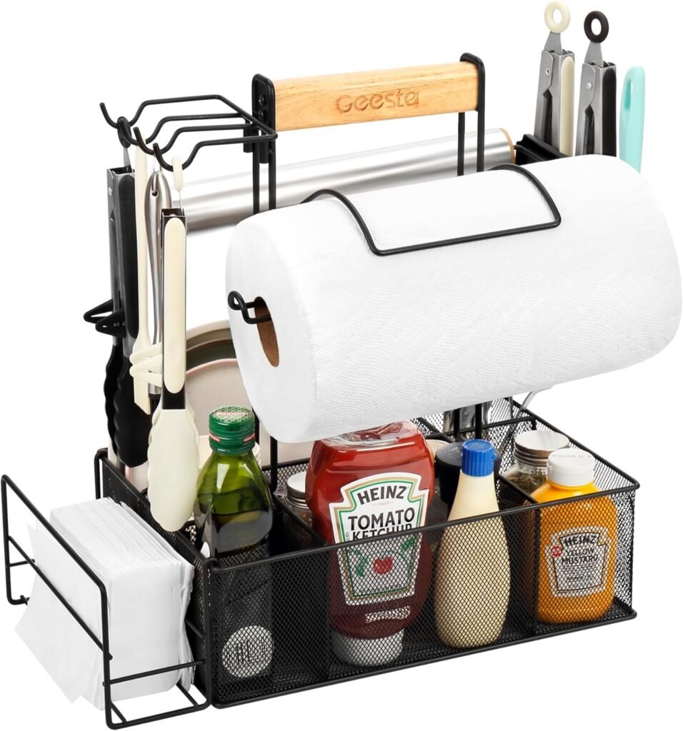 Geesta Grill Caddy, BBQ Caddy for Outdoor Grill, Picnic Camping Caddy with Paper Towel Holder  Magnetic Tool Holder, Condiment Storage Caddy Kitchen Organizer for Camper, Tailgate Accessories