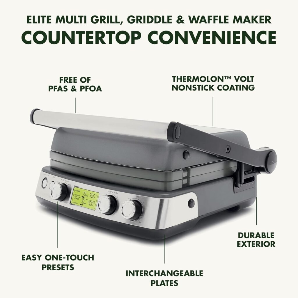 GreenPan Elite 7-in-1 Multi-Function Contact Grill  Griddle, Healthy Ceramic Nonstick Aluminum, Grill  Waffle Plates, Adjustable Shade  Shear, Closed Press/Open Flat Surface, PFAS-Free, Graphite