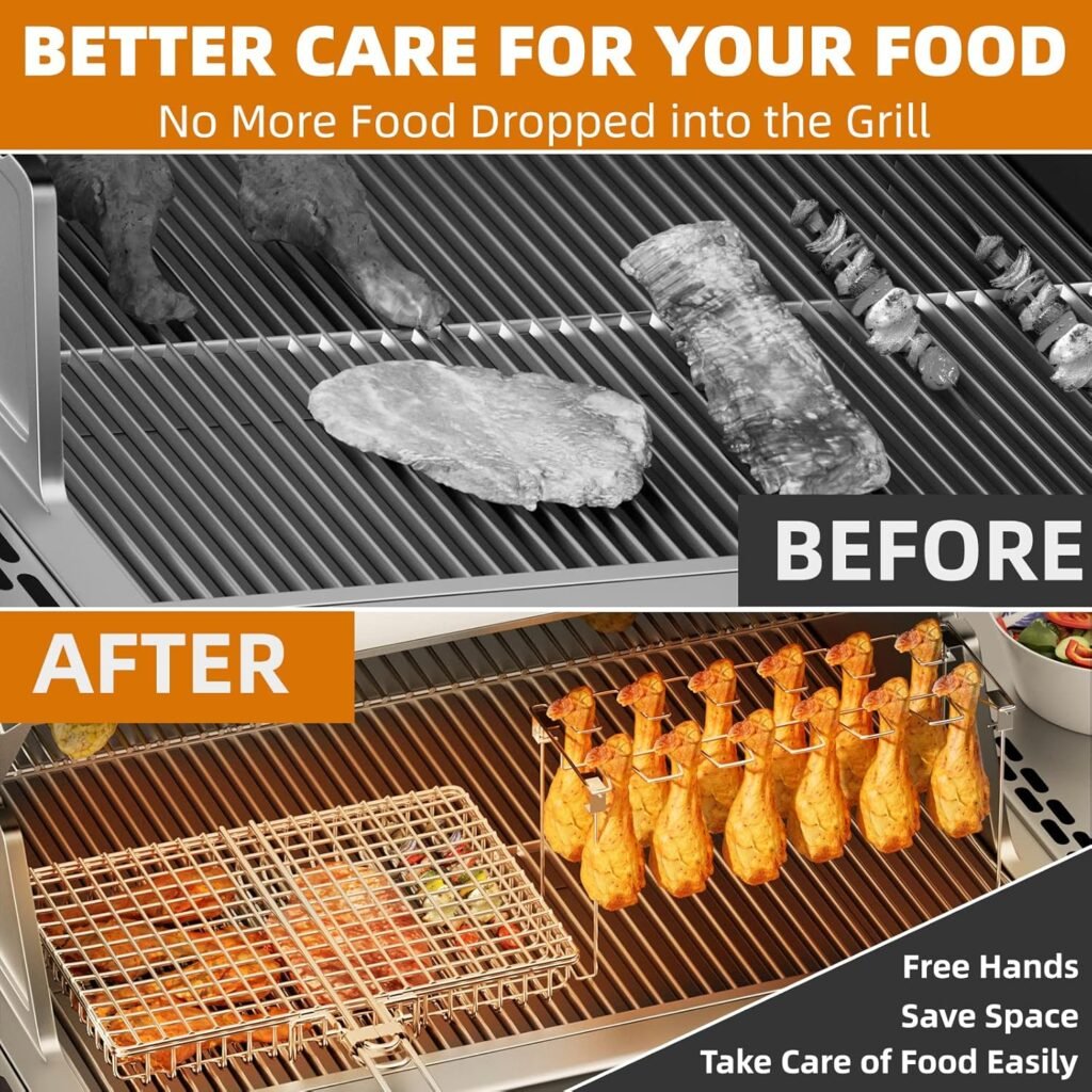 Grill Accessories, Grill Basket and Grill Rack, Portable Folding Stainless Steel Fish Grilling Basket with Removable Handle for Vegetables Steak, Grill Rack for Smoker Grill or Oven