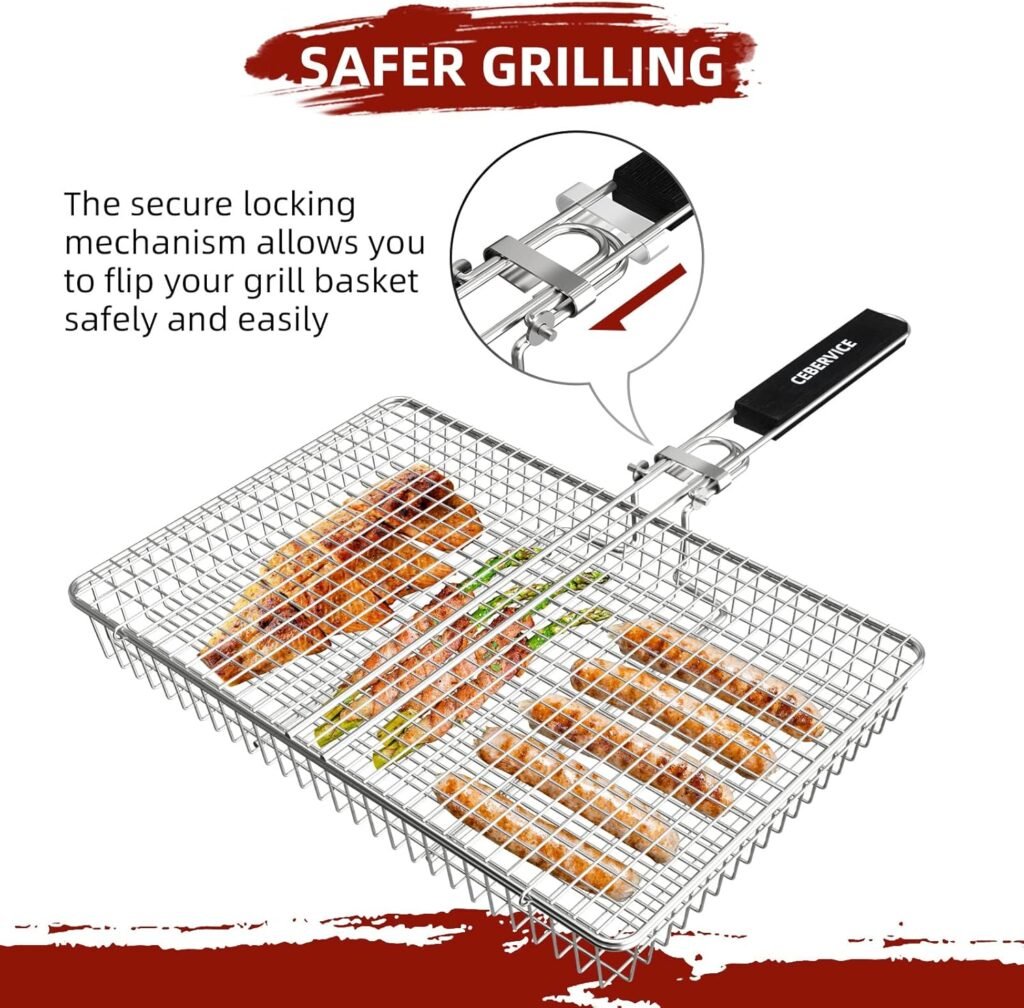 Grill Basket Extra Large, SUS304 Stainless Steel, Portable Folding BBQ Camping Grilling Rack for Fish, Vegetables, Shrimp, Barbeque Griller Cooking Accessories, Grilling Gifts for Men, Dad