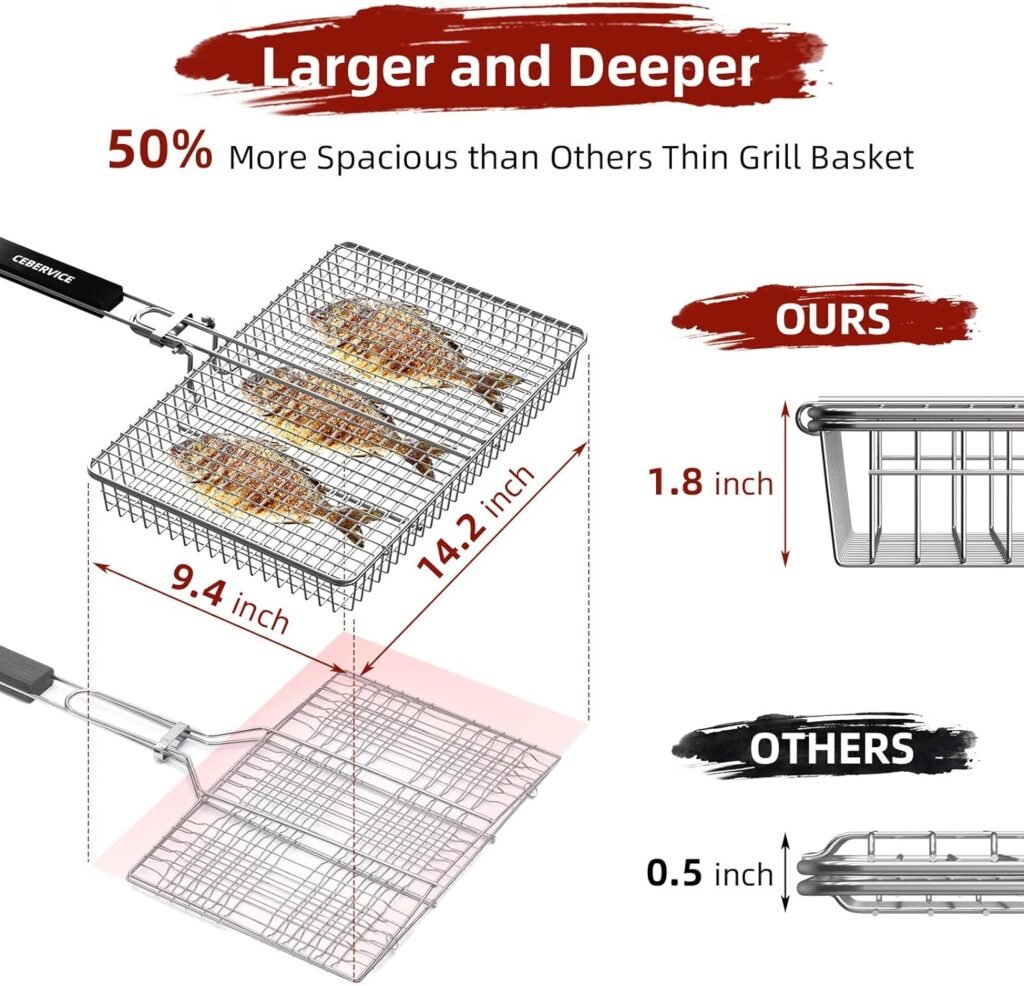 Grill Basket Extra Large, SUS304 Stainless Steel, Portable Folding BBQ Camping Grilling Rack for Fish, Vegetables, Shrimp, Barbeque Griller Cooking Accessories, Grilling Gifts for Men, Dad