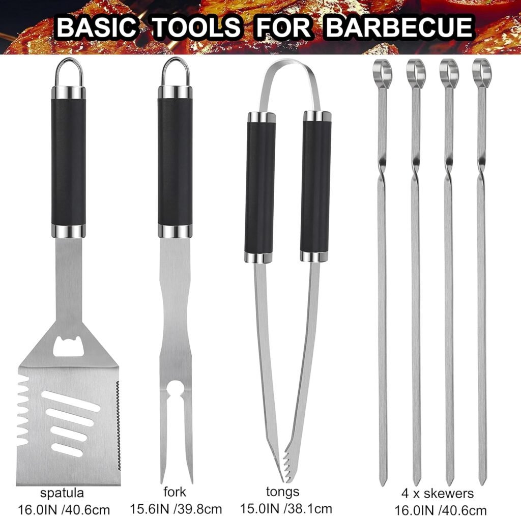 grilljoy 20PCS Heavy Duty BBQ Grill Tools Set - Extra Thick Stainless Steel Spatula, Fork Tongs. Complete Barbecue Accessories Kit in Aluminum Storage Case - Perfect Grill Gifts for Men