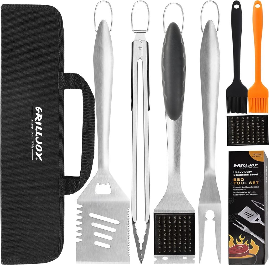 Grilljoy 8PCS Heavy Duty BBQ Grill Tools Set with Extra Thick Stainless Steel Spatula, Fork, Tongs  Cleaning Brush - Complete Barbecue Accessories Kit with Portable Bag - Perfect Grill Gifts for Men