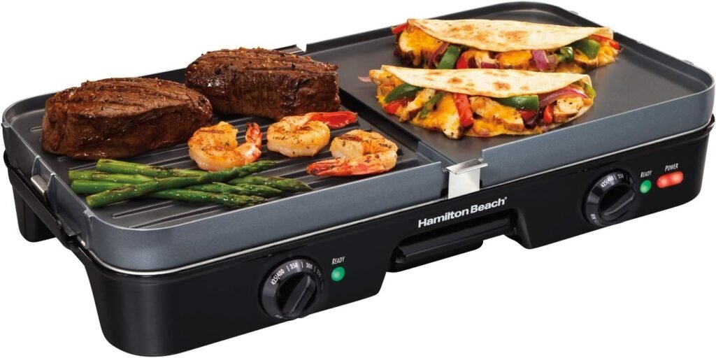 Hamilton Beach 3-in-1 Electric Indoor Grill + Griddle, 8-Serving, Reversible Nonstick Plates, 2 Cooking Zones with Adjustable Temperature (38546), Black