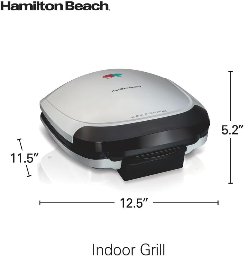 Hamilton Beach Electric Indoor Grill, 6-Serving, Large 90 sq. in. Nonstick Easy Clean Plates, Floating Hinge for Thicker Foods, 1200 Watts, 6.38D x 12.68W x 13.78H , Silver (25371)