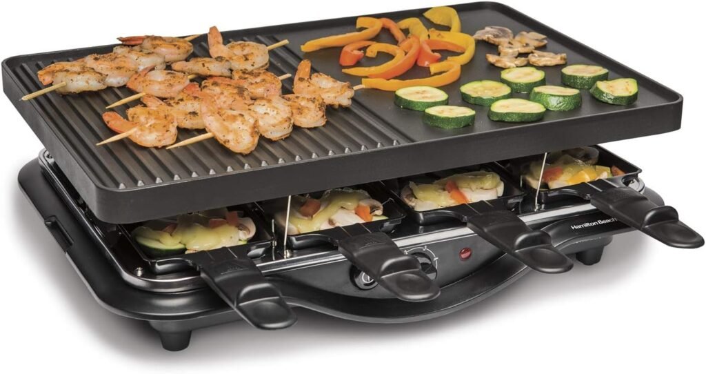 Hamilton Beach Electric Indoor Raclette Table Grill, 200 sq. in. Nonstick Griddle Serves up to 8 People for Parties and Family Fun, Includes 8 Warming Trays, Black (31612-MX)