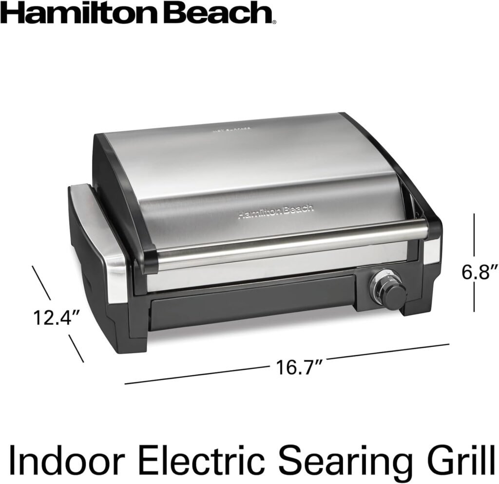 Hamilton Beach Electric Indoor Searing Grill with Adjustable Temperature Control to 450F, Removable Nonstick Grate, 118 sq. in. Surface Serves 6, Stainless Steel