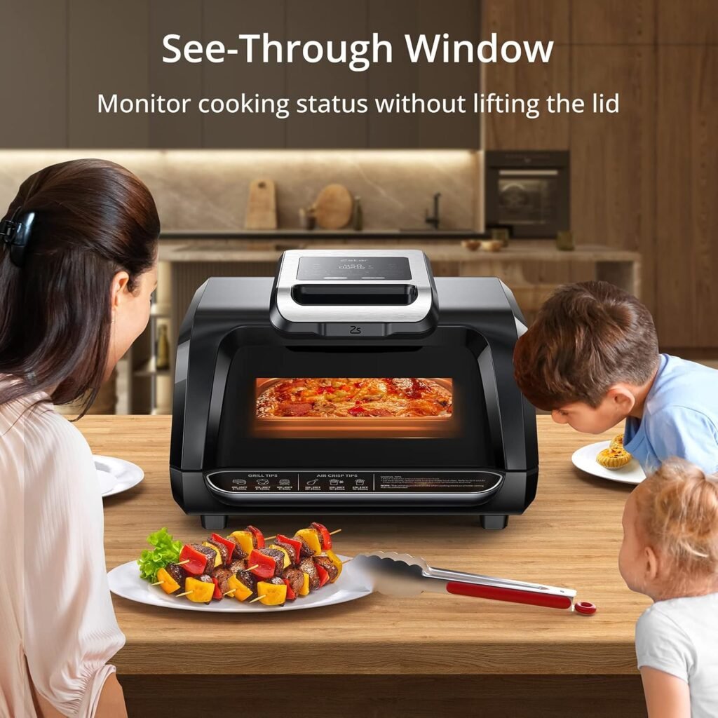 Indoor Grill Air Fryer Combo with See-Through Window, 7-in-1 Smokeless Electric Air Grill up to 450°F, 1750W Contact Grill with Non-Stick Removable Plates, Even Heat, Silicon Tongs as Gift, 4Qt