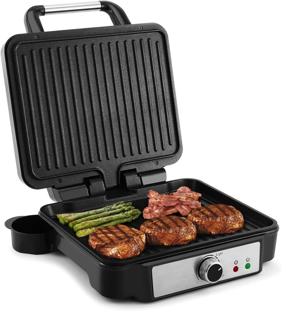 MONXOOK Panini Press Sandwich Maker, 4 Slices Panini Grill Non-Stick Coated Plates, Panini Makers with Temperature Control, Opens 180 Degrees, Removable Drip Tray, 1400W, Stainless Steel