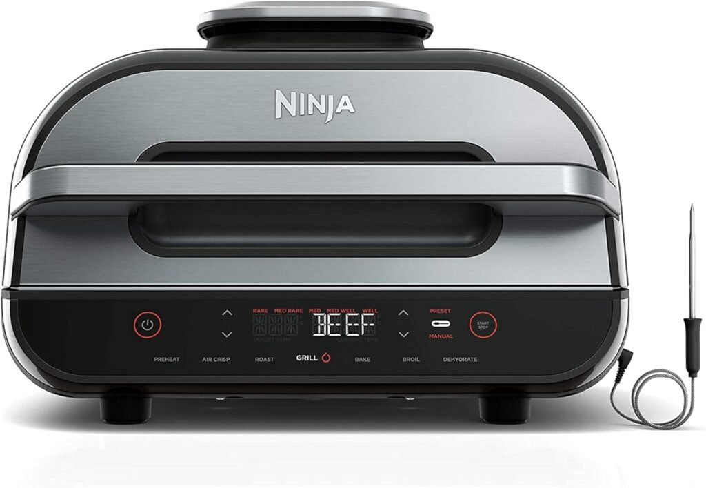 Ninja FG551 Foodi Smart XL 6-in-1 Indoor Grill with Air Fry, Roast, Bake, Broil  Dehydrate, Smart Thermometer, Black/Silver