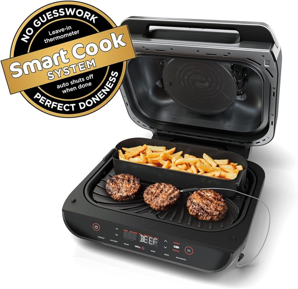 Ninja FG551 Foodi Smart XL 6-in-1 Indoor Grill with Air Fry, Roast, Bake, Broil  Dehydrate, Smart Thermometer, Black/Silver