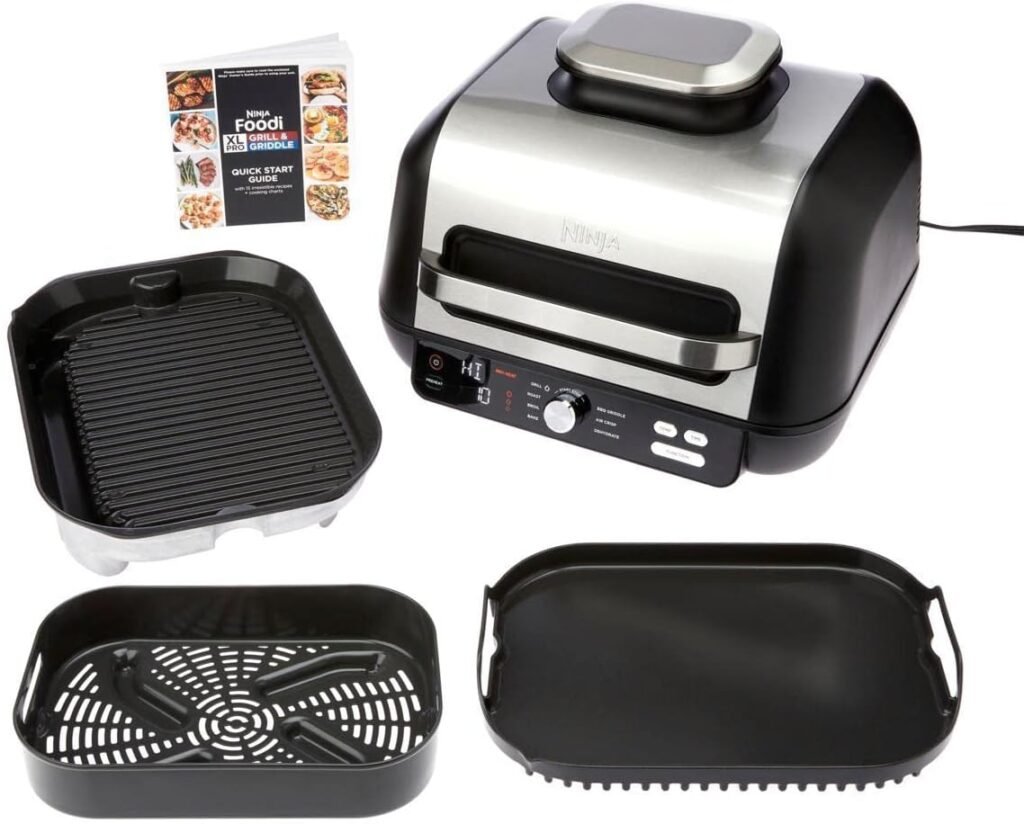 Ninja IG601 Foodi XL 7-in-1 Electric Indoor Grill Combo, use Opened or Closed, Air Fry, Dehydrate  More, Pro Power Grate, Flat Top Griddle, Crisper, Black, 4 Quarts