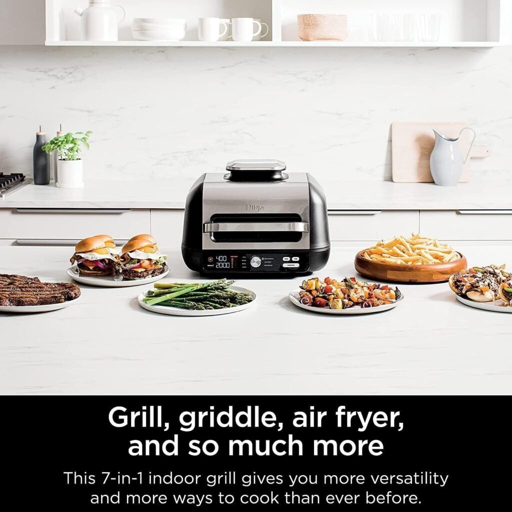 Ninja IG601 Foodi XL 7-in-1 Electric Indoor Grill Combo, use Opened or Closed, Air Fry, Dehydrate  More, Pro Power Grate, Flat Top Griddle, Crisper, Black, 4 Quarts