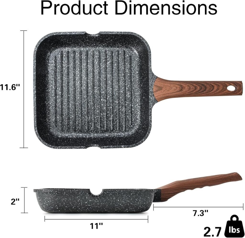 Nonstick Grilling Pan for Stove Tops, 9.5 Inch Square Grill Pan for Indoor Cooking, Granite Coating Grill Skillet with Pour Spouts, Versatile Griddle, Induction Steak Pan, PFOA Free