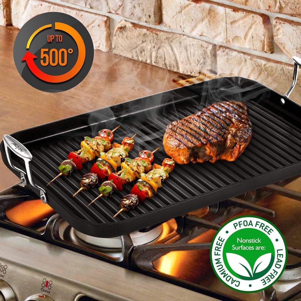 NutriChef 20x13 Stove Top Grill Pan - Double Burner, Hard-Anodized Non stick Grill  Griddle Pan