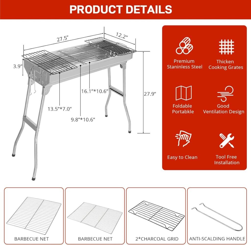 Outvita Portable Charcoal Grill, Outdoor Foldable BBQ Grill with Barbecue Accessories  Lid for Cooking Camping Picnic Hiking Beach Party Patio Smokers, Height Adjustable for 3 to 5 People