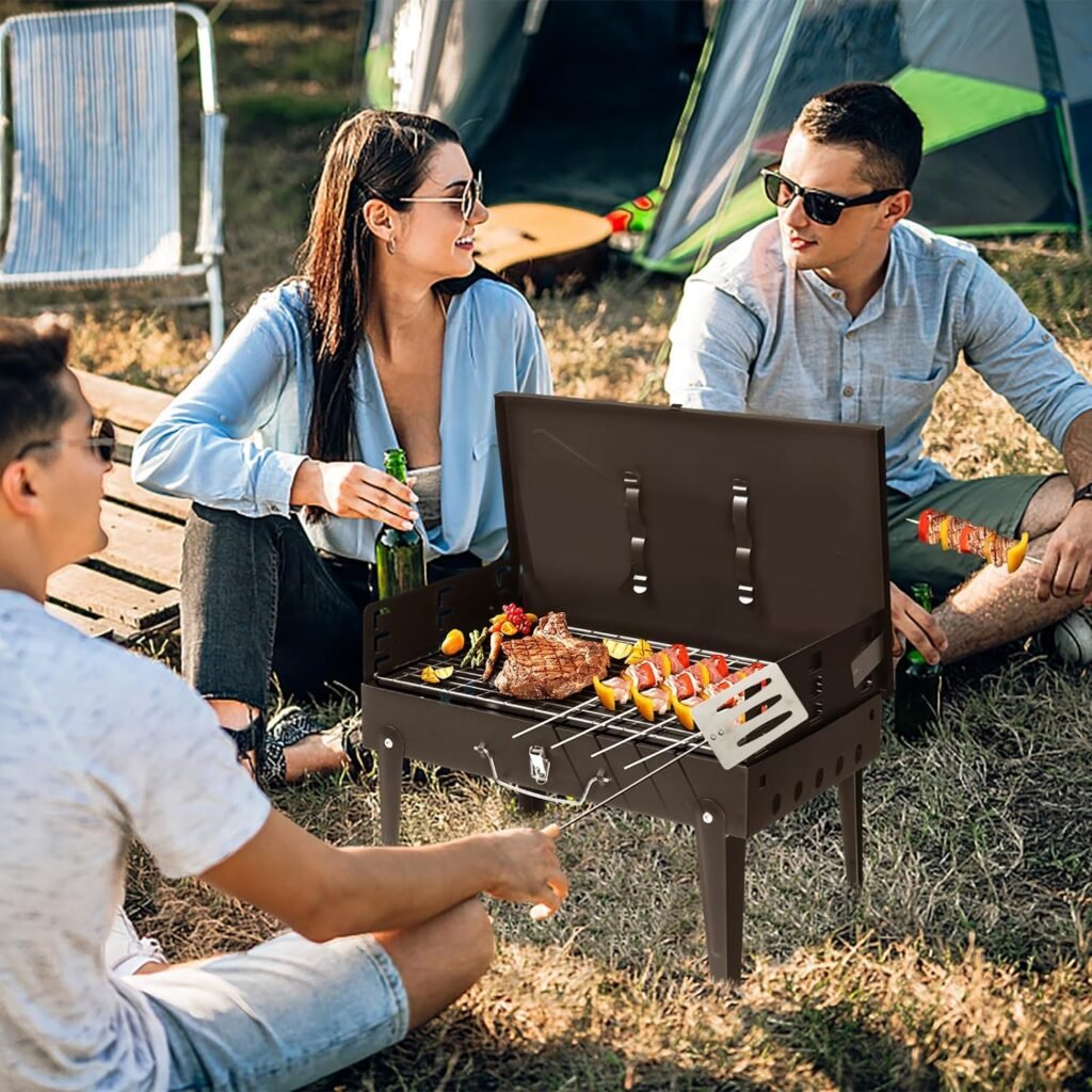 Outvita Portable Charcoal Grill, Outdoor Foldable BBQ Grill with Barbecue Accessories  Lid for Cooking Camping Picnic Hiking Beach Party Patio Smokers, Height Adjustable for 3 to 5 People