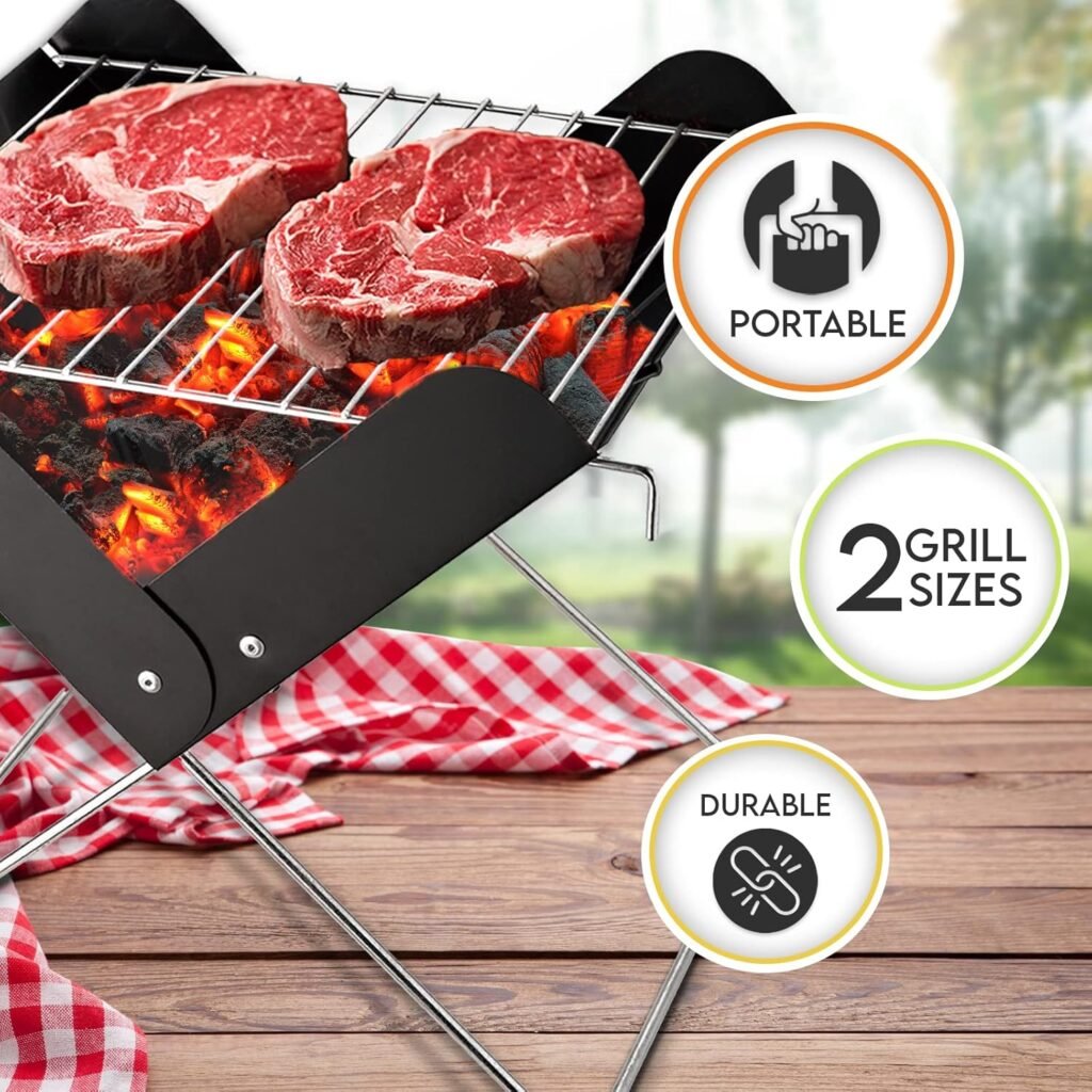 PAMI Portable BBQ Tabletop Charcoal Grill - 12” Grill With Folding Legs For Backyard Patio, Camping, Tailgating  Picnics- Lightweight Metal Outdoor Cooking Grill For Steaks, Chicken, Veggies