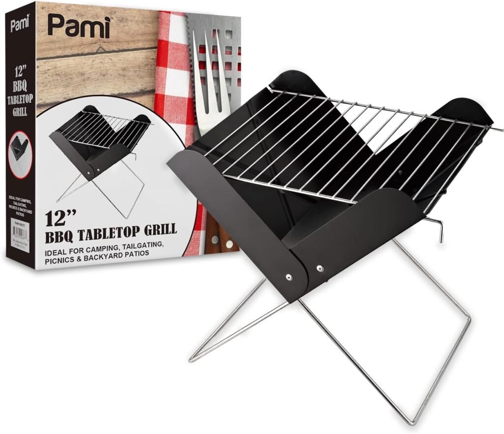 PAMI Portable BBQ Tabletop Charcoal Grill - 12” Grill With Folding Legs For Backyard Patio, Camping, Tailgating  Picnics- Lightweight Metal Outdoor Cooking Grill For Steaks, Chicken, Veggies