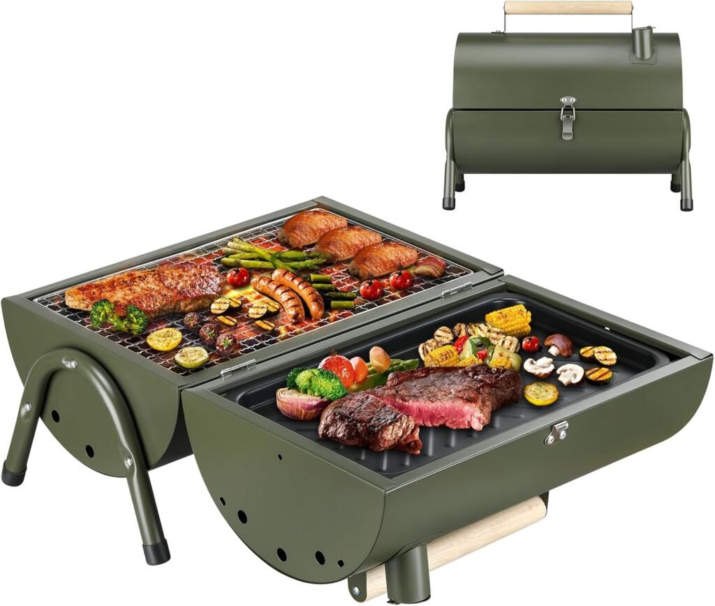 Portable Charcoal Grill, Small BBQ Grill with Smoker Double-Side Use Outdoor for Camping, Tabletop Compact Barbecue Grill, Green