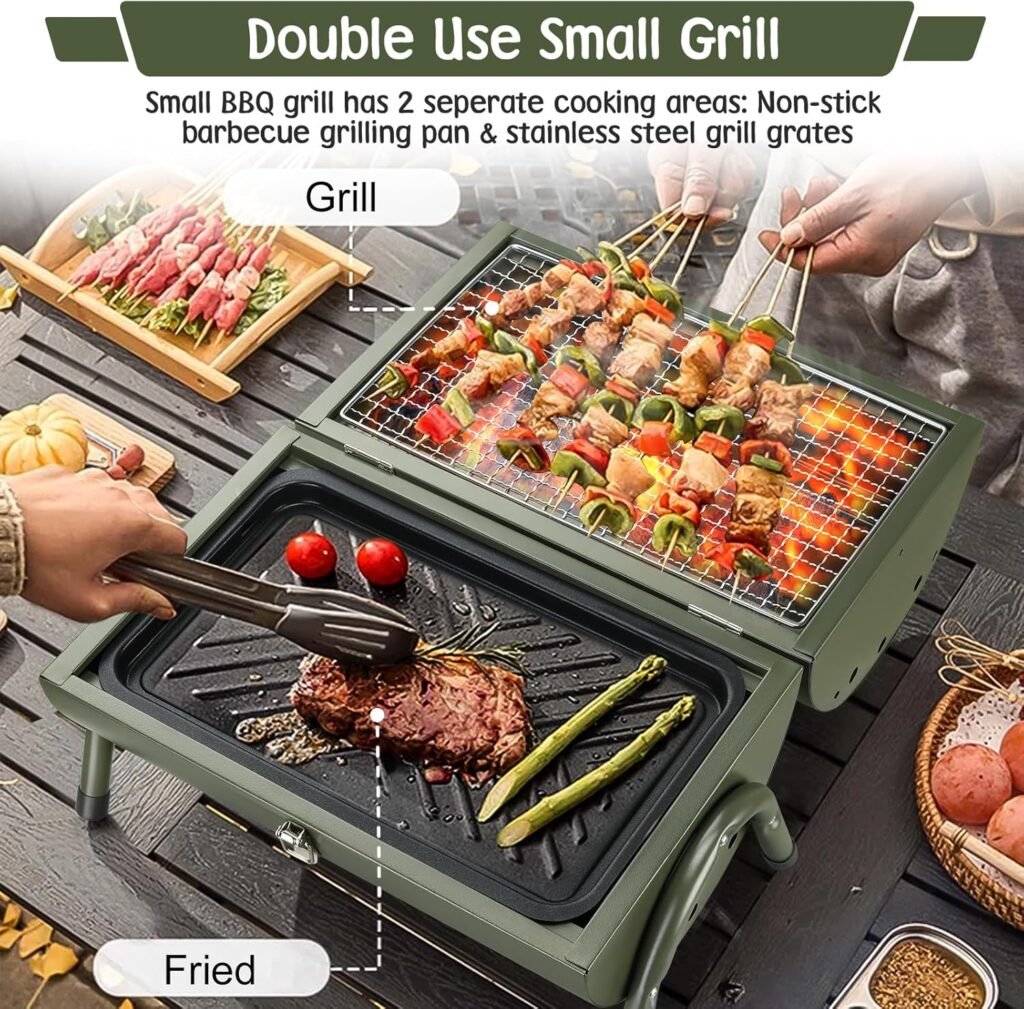 Portable Charcoal Grill, Small BBQ Grill with Smoker Double-Side Use Outdoor for Camping, Tabletop Compact Barbecue Grill, Green