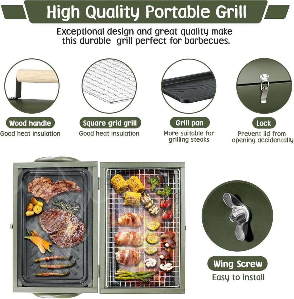 Portable Charcoal Grill, Small BBQ Grill with Smoker Double-Side Use Outdoor for Camping, Tabletop Compact Barbecue Grill, Green