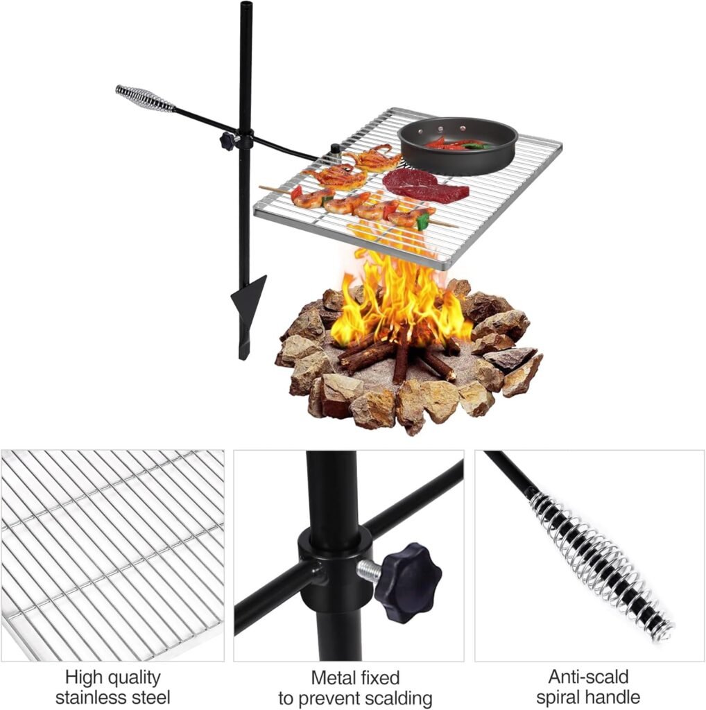 REDCAMP Swivel Campfire Grill Heavy Duty Steel Grate, Over Fire Camp Grill with Carrying Bag for Outdoor Open Flame Cooking