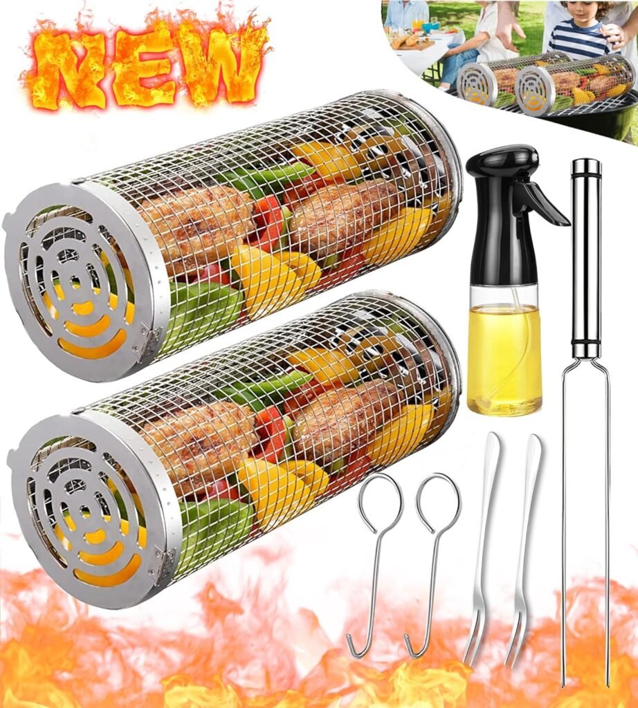 Rolling Grilling Baskets for Outdoor Grill Bbq Net Tube Stainless Steel Large Round Mesh Barbecue Cylinder Cage Cooking Accessories for Veggies Vegetable Fish Camping, Gift for Men Dad Husband Him Father Papa Best Friend New Home Hoursewarming House